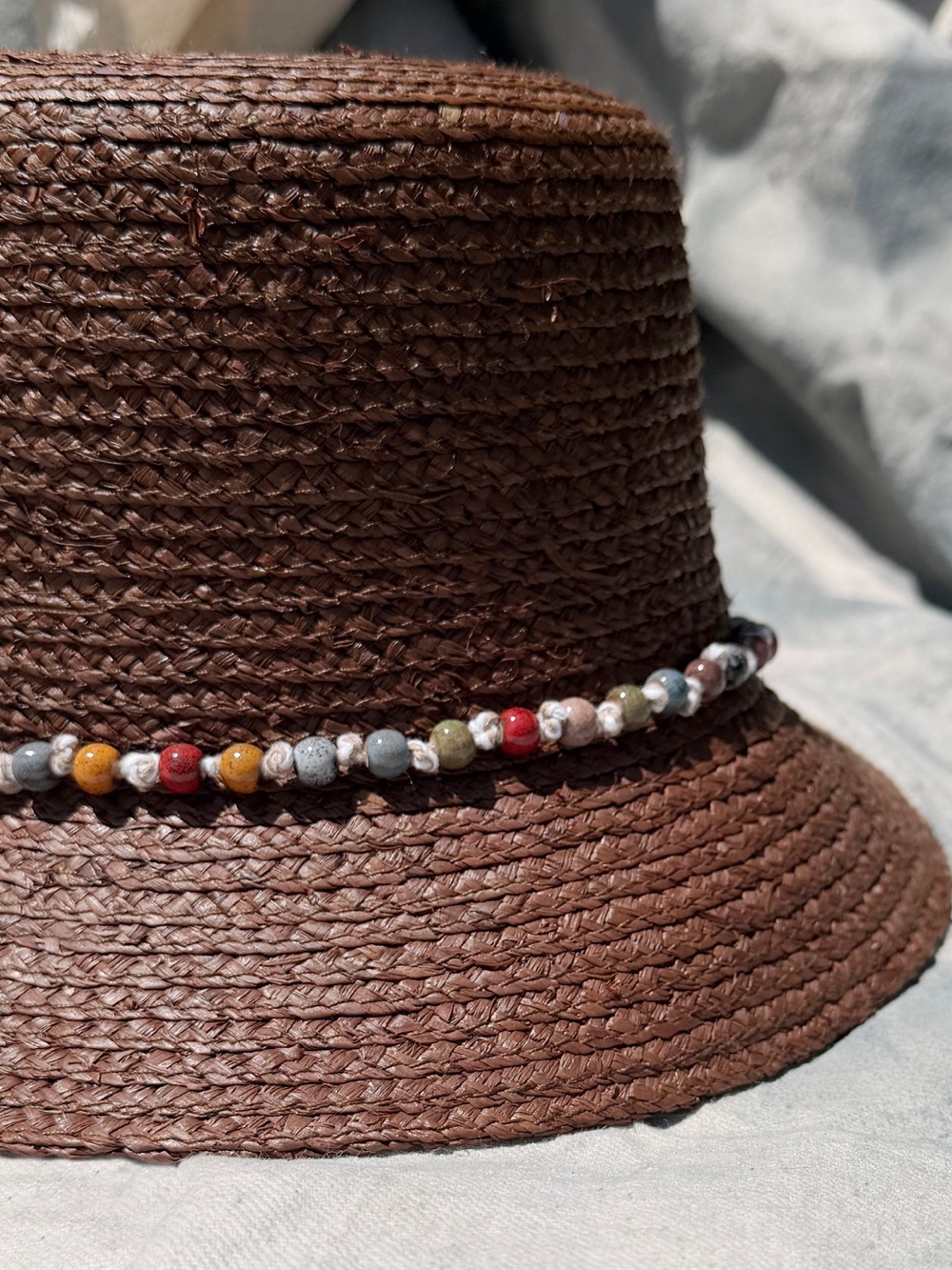 Brown Straw Sun Hat with Multicolor Beaded Band